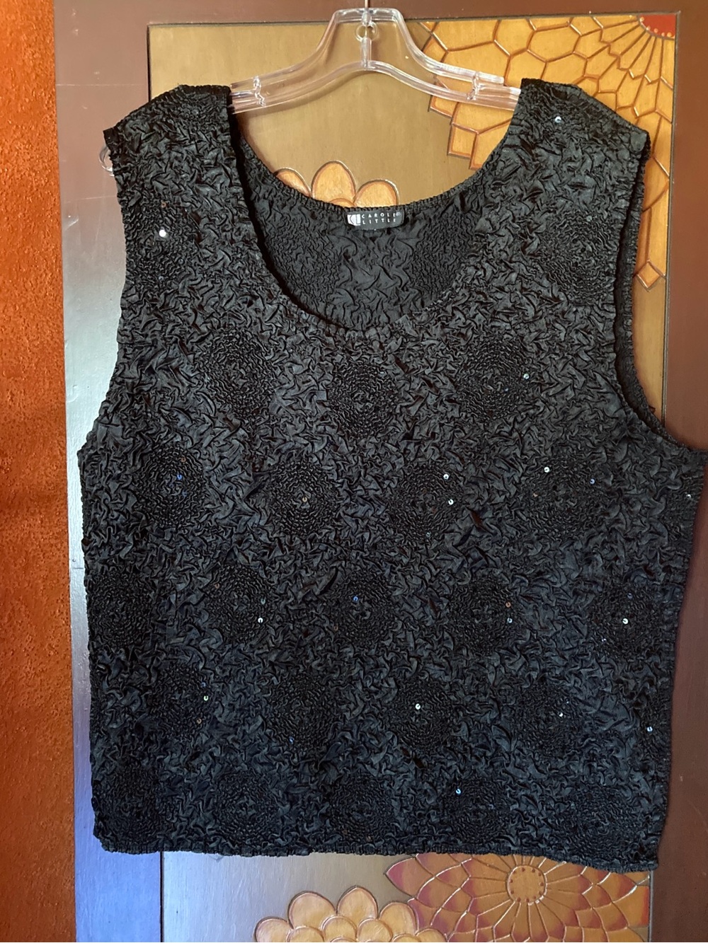 Carole Little Size XL sleeveless puckered texture black sequin accent shell